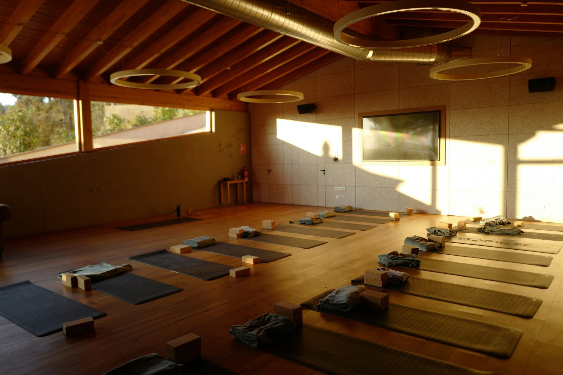 Le studio au coucher du soleil : parquet clair, tapis alignés et grande baie vitrée